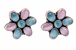 Vintage <b>Oxidized</b> Silver Multi Color Floral Stud Earrings | Brass Trendy Boho Ethnic Women's Jewelry Wholesale Supplier India - Product Image 2