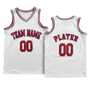 Ensemble uniforme de basket-ball personnalisé blanc style rétro, maillot à col rouge et bleu, short assorti, nom et numéro de l'équipe rétro - Product Image 6