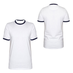 T-shirt blanc à manches courtes pour homme avec bordure contrastée marine, col rond, coupe décontractée, jersey en coton uni - Product Image 3