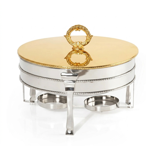 Luxury round chafing dish stainless steel <b>buffet</b> <b>warmer</b> with brass handle border catering hotel food <b>warmer</b> with lid - Product Image 4