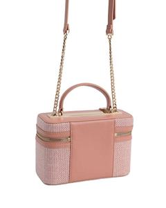 <b>Pink</b> Woven PU Set Box Handbag Women's Shoulder <b>Purse</b> with Chain Handle Zipper Closure and Pom Pom Pendant - Product Image 2