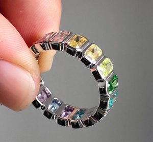 Multi Color Gemstone Radiant Cut Simulated Diamond Wedding Engagement Band Rainbow Color Bezel <b>Set</b> Full Eternity <b>Ring</b> for <b>Women</b> - Product Image 2