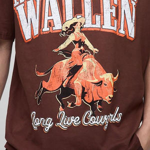 <strong>Wallen</strong> Men's Brown Short Sleeve T-Shirt Regular Fit Casual Cotton Printed Cowgirl Riding Bull Design Front Logo O-Neck - Product Image 1