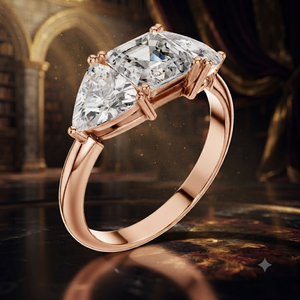 Bague en or rose à trois pierres taille émeraude avec pierres latérales en forme de poire, élégante bague de fiançailles pour femme, bijoux raffinés - Product Image 1