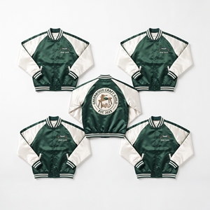 Custom Apparel Brand Supplier <b>Purple</b> Gold Satin <b>Varsity</b> <b>Jacket</b> Snap Button Embroidered Gargoyle Back Emblem Coat - Product Image 4