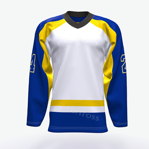 Custom Men's Ice Hockey Jersey <b>White</b> Blue Yellow Sublimated Moisture Wicking Full Sleeve V-Neck Adult Size - Product Image 6