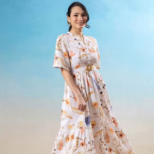 Casual Wear with Elegant Women's Cotton Dress White Floral Print Formal Summer Midi Dress V-neck <b>Three</b> Quarter Sleeve Lace - Product Image 1