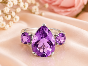 Premium 925 Sterling <b>Silver</b> Rhodium Plated Purple Pear Cut Gemstone Three Stone <b>Statement</b> <b>Ring</b> for Women Jewelry - Product Image 3