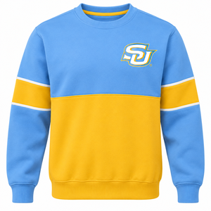 Sudadera Personalizada al por Mayor de la Universidad del Sur SU, Sudadera Varsity con Bloques de Color Azul y Dorado HBCU, Bordada, de Forro Polar - Product Image 1