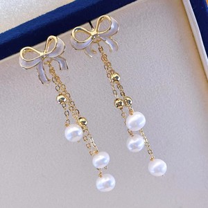 Pendientes de Estilo Francés con Borlas, Perlas Redondas de Agua Dulce de 5-6 mm, Ligeramente Imperfectas, Diseño de Lazo - Product Image 2