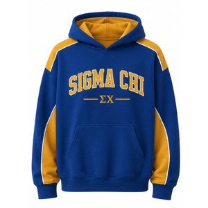 Sweat-shirt à capuche pour homme Sigma Chi, bleu avec lettrage doré, coupe classique, poche en polaire, style décontracté pour l'automne - Product Image 2