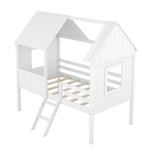 Twin Size Low Loft Kids' Bed with Two Side <b>Windows</b> White Wooden House Bed - Product Image 3