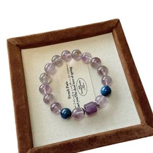 Pulsera de Cuarzo Fantasma Púrpura Natural con Amatista y Cuentas de Ágata Azul, Estilo Romántico - Product Image 1