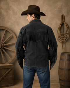 Men's Black Leather <b>Jacket</b> With <b>Fringe</b> Turn-down Collar Zipper Closure Regular Fit Autumn Wear - Product Image 6