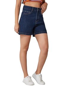 Shorts en jean pour femme en coton premium, taille mi-haute, délavé vintage, écologique, d'été, avec ceinture, décontracté, coupe large, imprimé numérique - Product Image 1