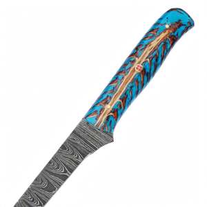 Couteau à fileter de précision artisanal en acier Damas, manche en résine hybride bleue motif pomme de pin, outil spécialisé - Product Image 5