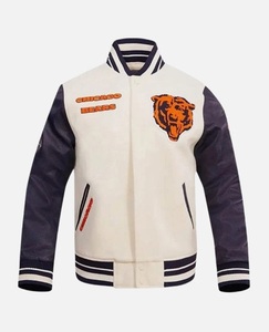 Veste universitaire faite à la main avec manches en cuir, col montant, logo frontal, coupe-vent - Product Image 2
