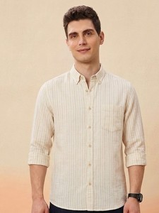 เสื้อเชิ้ตผู้ชายลายทางผ้าลินิน/ผ้าฝ้ายลำลอง กระดุมสองแถว ปกคอปก แขนยาว ทรงเข้ารูป ระบายอากาศได้ดี เหมาะสำหรับฤดูร้อน - Product Image 1