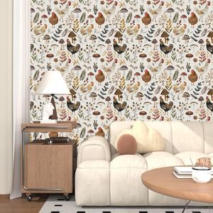 Papel Tapiz Autoadhesivo con Diseño de Gallo de Granja Beige, 17.5 x 118 Pulgadas, Papel de Contacto Removible con Diseño Floral, de Hojas y de Hongos, Mural de Estilo Pastoral - Product Image 4