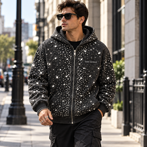 Sweat à capuche zippé pour homme Sam Tactical, noir délavé, style hip-hop, orné de strass et de clous, prix de gros, personnalisation OEM - Product Image 2