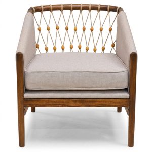 Fauteuil d'appoint moderne en bois brun fait main avec dossier en corde, fauteuil de loisirs rembourré pour salon - Product Image 1