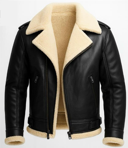 Blouson Bomber en Cuir Noir Effet Peau de Mouton Style Urbain Hivernal - Col Montant Imperméable & Respirant Couleurs Personnalisables & Logo Frontal - Product Image 1