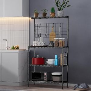 Four Tier <b>Metal</b> Storage Rack With <b>Grid</b> Hooks Industrial Style Kitchen Organizer Standing Type Multifunctional Shelf - Product Image 1