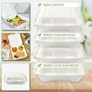 Canejoy 8x8 Inch 3 Compartment Sugarcane Bagasse Clamshell Disposable Food <b>Container</b> Lid Eco-Friendly Biodegradable Microwavable - Product Image 5
