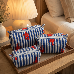 Ensemble de 3 trousses de maquillage matelassées en coton à rayures bleues et imprimé homard, sacs cosmétiques pour femmes, organiseur de toilette de voyage, cadeau - Product Image 2