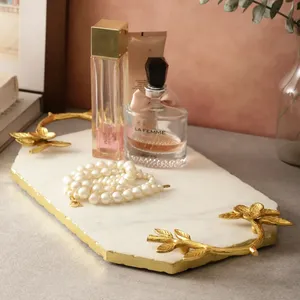 Luxury White Marble Serving Tray Decorative Gold Floral Handles Dishwasher Safe Portable Premium Display Tray for Table <b>Desk</b> - Product Image 3