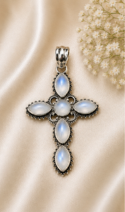 Pendentif Croix en Argent Pierre de Lune Arc-en-ciel – Collier Pierre de Lune Taille Marquise, Bijou Bohème Fait Main en Argent Sterling 925, Cadeau - Product Image 2