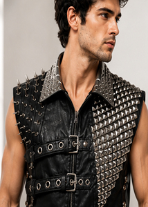 Chaleco de Cuero para Hombre, Chaleco de Motociclista con Tachuelas, Chaleco Estilo Gótico Punk, Chaleco de Cuero Negro con Hebilla Frontal - Product Image 3