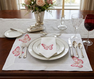 Custom Wholesale QUANG THANH EMBROIDERY Washable Luxury 100% Linen Embroidery Perry Pink Butterfly <b>Placemats</b> Napkins Sets Mats - Product Image 1
