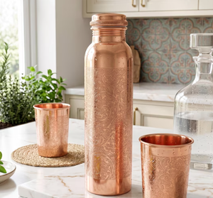 Bouteille d'eau en cuivre pur finition cuivre rose brillant, motif floral Paisley gravé, artisanale, style rustique - Product Image 3