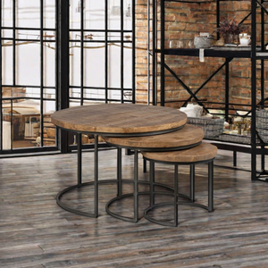 Modern Vintage Set of 3 Nesting <b>Coffee</b> <b>Tables</b> <b>Round</b> Design with Wooden Top and Metal Frame for Home Living Room - Product Image 3