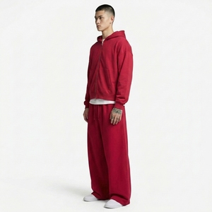Ensemble de survêtement pour homme de qualité supérieure, rouge, à capuche, en coton, coupe ample, avec fermeture éclair et poches latérales - Product Image 4