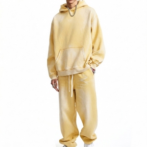 Men's Winter Vintage <b>Yellow</b> Hooded Acid Wash Breathable <b>Tracksuit</b> Set Solid Color Casual Loose Fit Full Length Polyester - Product Image 1