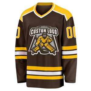 Custom Mesh Polyester Hockey Jersey Long Sleeve Brown & Gold Striped Ice Hockey Shirt With Personalized High Quality Durable - Product Image 2