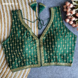 Proveedor de blusas con cuello en V, de la mejor tela de seda Banarasi con bordado de hilo-Zari-sequencia y trabajo de rayas individuales, de Surat. - Product Image 4