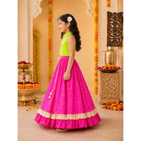 Ensemble de lehenga imprimé sans manches en chanderi pour femme, vert lime et rose, tenue traditionnelle ethnique pour l'été, les fêtes et les occasions spéciales