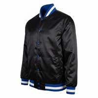 Blouson Bomber Satiné Noir Brillant pour Homme, Col Côtelé Noir Bleu Blanc, Boutons Pression, Style Baseball Letterman Streetwear Personnalisé