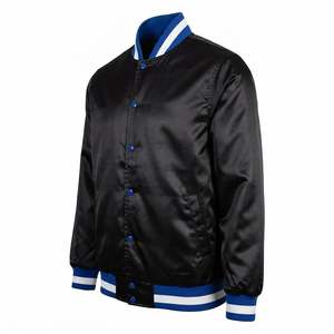 Blouson Bomber Satiné Noir Brillant pour Homme, Col Côtelé Noir Bleu Blanc, Boutons Pression, Style Baseball Letterman Streetwear Personnalisé - Product Image 2