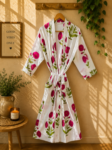 Cotton Floral <b>Kimono</b> Robe Women Boho <b>Beach</b> Cover Printed Dressing Gown Lightweight Lounge Wear Handmade Indian V-neck Drawstring - Product Image 4