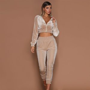Ensemble de survêtement en velours à manches longues et col rond pour femme, avec fermeture éclair, 2 pièces, pantalon skinny et crop top à capuche - Product Image 2