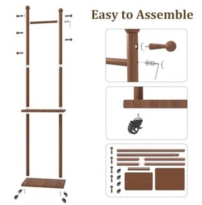 Porte-manteau sur pied en bois massif avec étagères ouvertes et rangement à roulettes pour chambre et entrée - Product Image 4