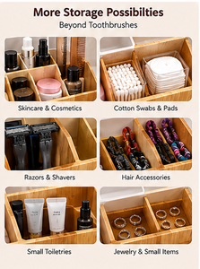 Organisateur de salle de bain portable en bambou, plateau de rangement minimaliste rectangulaire avec 7 compartiments pour brosses à dents, dentifrice et accessoires (Ensemble) - Product Image 5