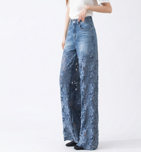 Jean en denim taille haute à jambe large pour femme, longueur intégrale, en coton délavé, broderie en dentelle, coupe décontractée, style printemps - Product Image 1