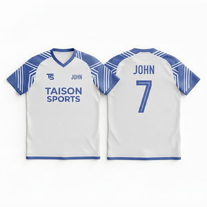 Maillot de hockey sur gazon pour hommes, maille polyester premium 160 GSM, panneaux rayés bleus et blancs, logo, nom et numéro personnalisés par sublimation, tenue d'équipe - Product Image 1