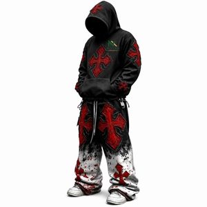 Conjunto de Pantalones Holgados Transpirables con Capucha y Estampado de Cruz Gótica para Hombre, 2 Piezas, Ropa Deportiva de Invierno, Estilo Hip Hop - Product Image 3