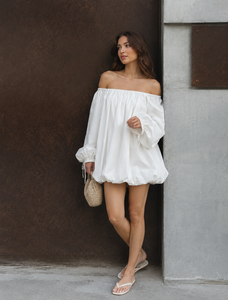 Robe Courte Bohème Blanche en Coton Ample et Unie à Épaules Dénudées pour Femme, Manches Longues, Tendance Été Plage - Product Image 6